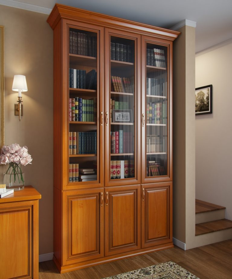 Современные книжные шкафы со стеклянными дверями
