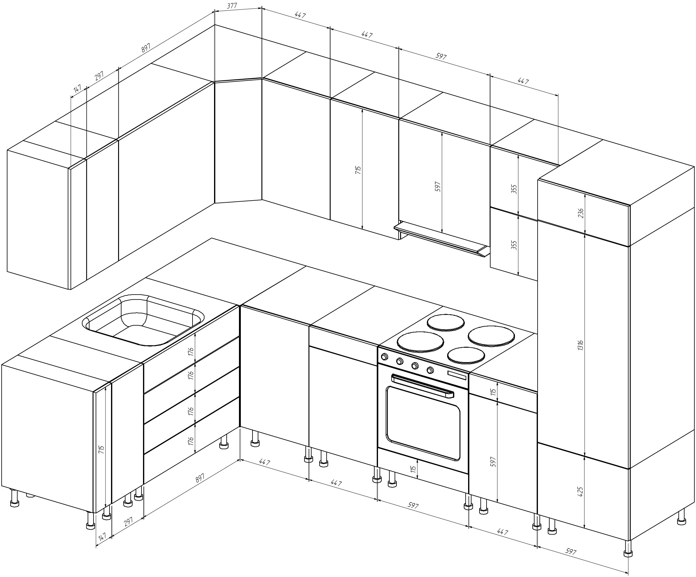 Размеры встроенных шкафов в кухне