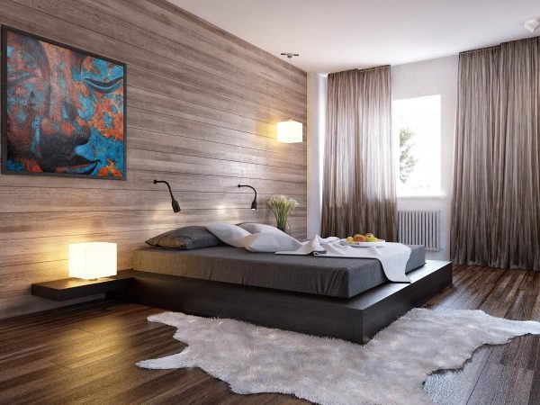 Кровать подиум в спальне в стиле минимализм