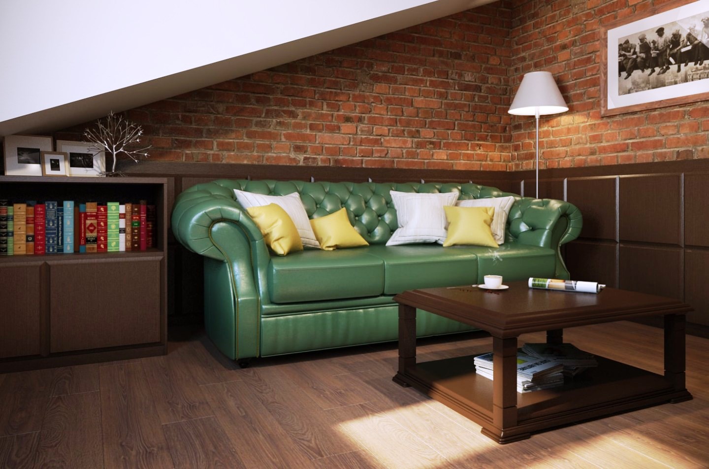 Зеленый диван в кабинете