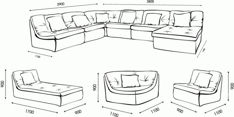Размеры угловых диванов для зала с прямым углом
