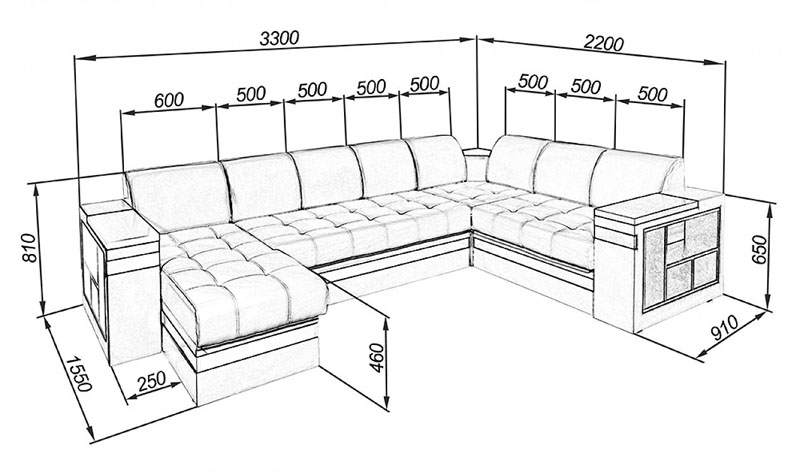 Чертежи угловых диванов с размерами в подробностях