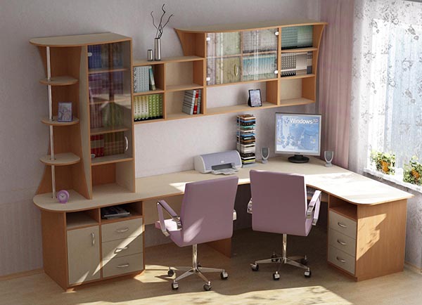 Письменный стол для двоих детей: фото идеального компьютерного рабочего места для школьников вдоль окна с ящиками